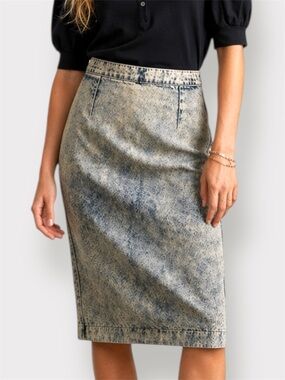 Vintage Acid Wash Denim Midi Pencil Skirt Made in Canada